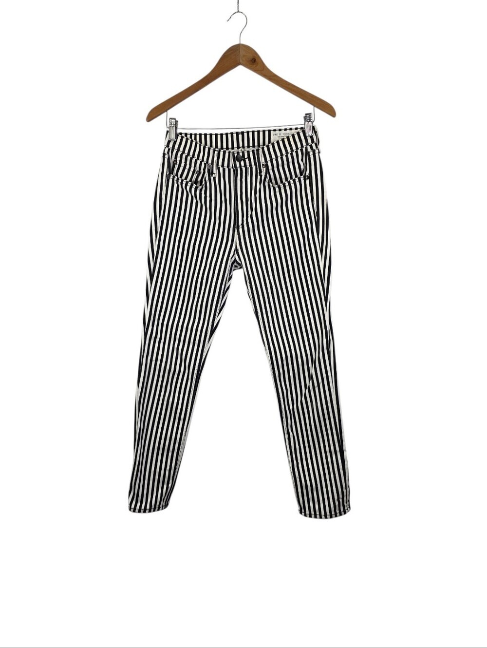 Rag & Bone High Rise Ankle Skinny Jeans Women's 26 Oba Print Stripe White Black